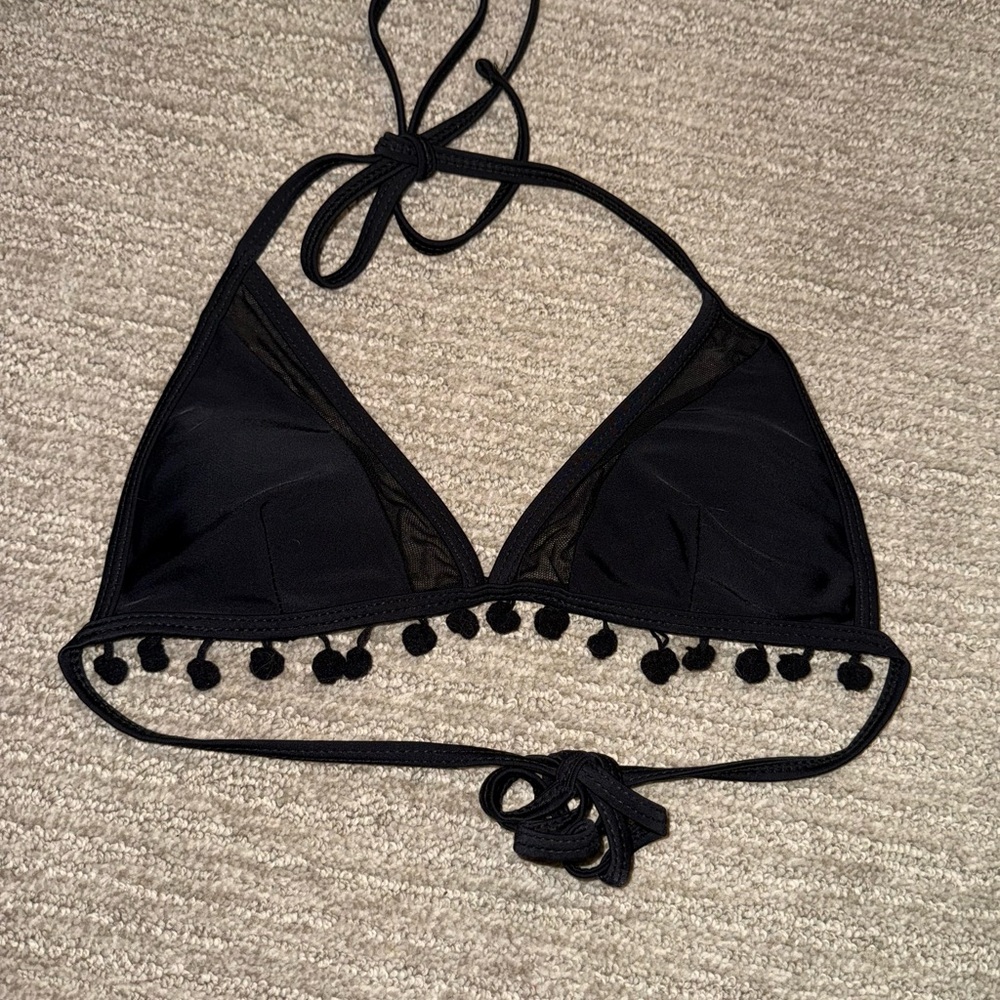 Black Halter Bikini Top with Pom Pom Trim
